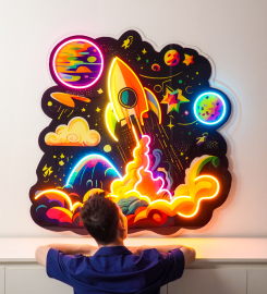 Rocket Launching Into Galaxy Led Neon Sign Light Pop Art