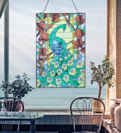 Art Deco Metal Rectangle Peacock Stained Glass Window Wall Art Decor Living Room Bedroom