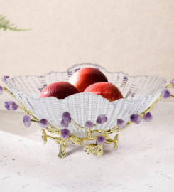 Glass Branch Fruit Bowl Basket Decor Serving Tray in Gold & Purple