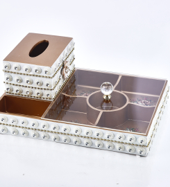 Gold & White Divided Serving Tray with Lid & Tissue Box Resin Snack Storage Container