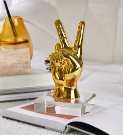 Hand Statue resin & crystal, Hand Finger Gesture Sculptures Victory, Hand Sculpture Home Decor for Cabinet Shelf Display Decoration, Golden