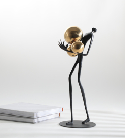 Holding Ball Sculpture in Black & Gold, Crafted from Tin-Alloy, S/S Steel, & Iron