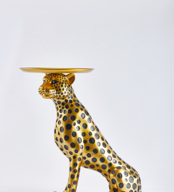 Luxury Gold Leopard Accent Side Table with Tray Top Resin Panther End Table Drink Table