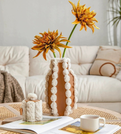 Modern Brown Geometric Artificial Leather Flower Vase Decor Art with White Fluffy Balls