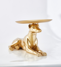 Modern Dog Side Table Floor Resin Figurine with Tray Top in Gold