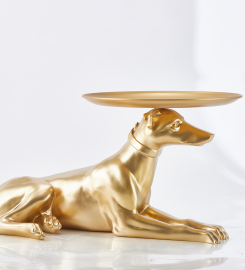 Modern Dog Side Table Floor Resin Figurine with Tray Top in Gold